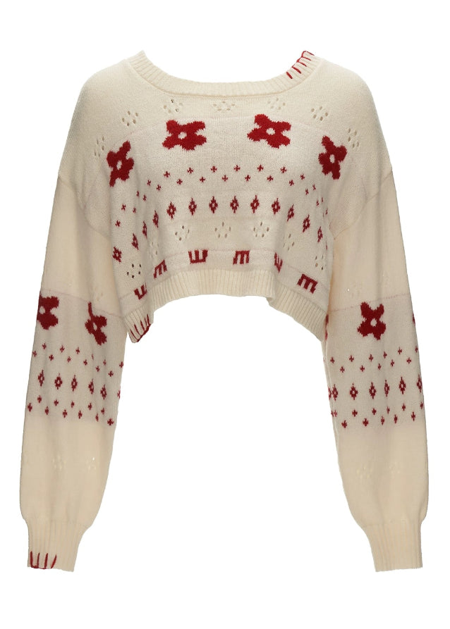 star flower knit sweater, jacquard crop sweater women, cute crew neck knit top, fall winter 2025 knitwear women, lazy style cropped sweater, korean cute knit fashion, loose jacquard sweater outfit, cozy streetwear sweater women, nowa tokyo soft street style
