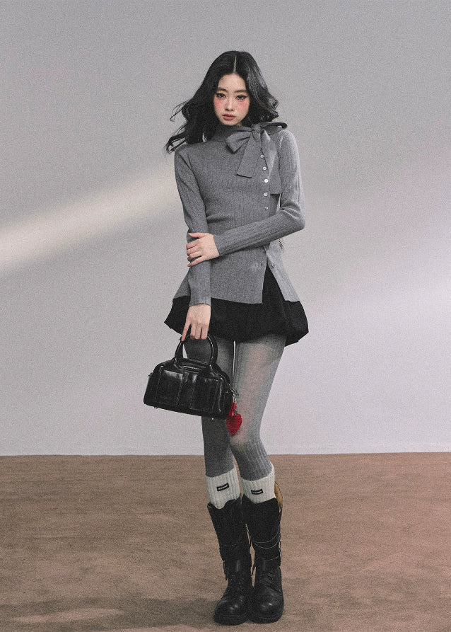 bow knit top, ribbon collar knit shirt, long sleeve knit cardigan women, french style knit top, korean bow sweater, slim fit winter knit top, elegant ribbon blouse, soft knit bow cardigan, layered knit top women, preppy bow collar top, winter knitted blouse, gray knit cardigan top
