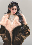 eco fur jacket women, brown plush winter coat, faux fur collar jacket, loose warm winter top, chestnut fur jacket, fluffy winter outerwear, korean eco fur fashion, fw25 warm plush coat, women faux fur jacket, winter statement coat
