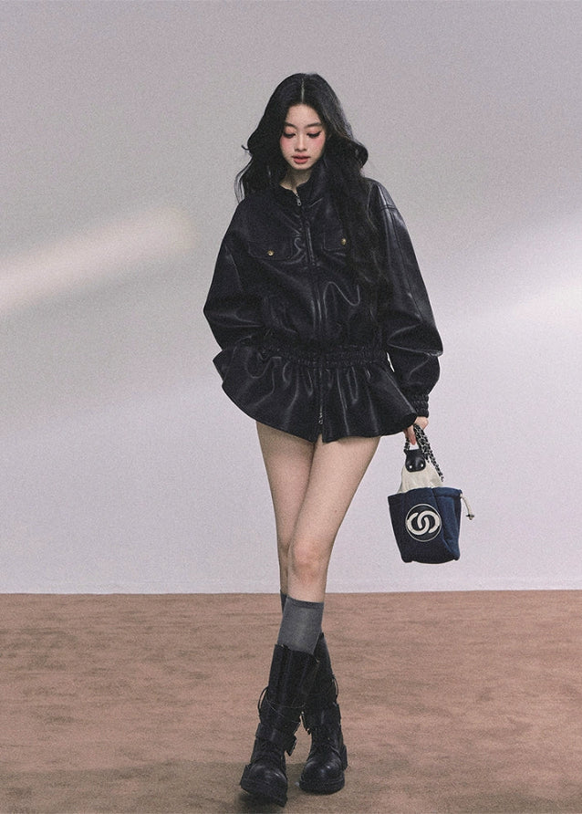 black pu leather jacket women, faux leather moto jacket, stand collar leather jacket, oversized leather jacket women, korean fashion leather jacket, fall winter moto coat, cool wind biker jacket, loose fit pu jacket, trendy black leather top, street style outerwear women
