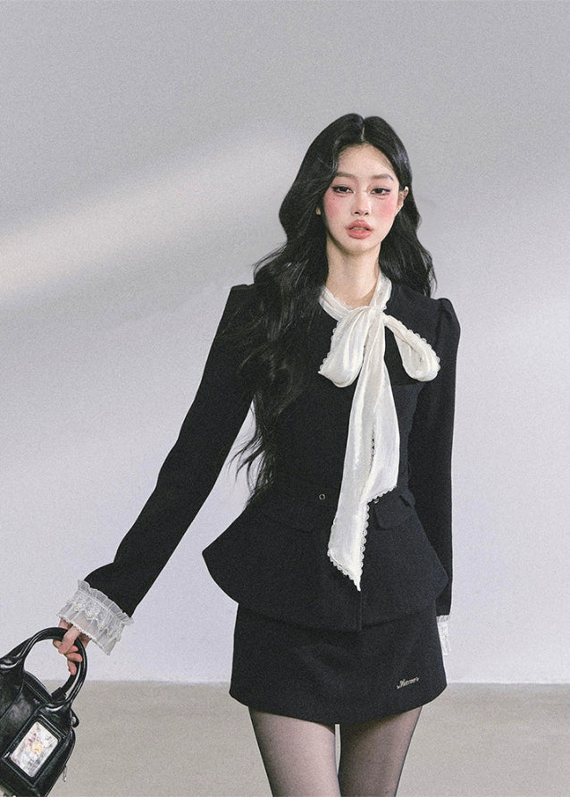 lace tie dress set, two piece suit dress women, French elegant outfit, bow tie mini dress, lace cuff blazer dress, Korean fashion set, rich girl outfit, classy black dress set, fall fashion women, luxury two piece set, chic blazer dress, mini skirt suit set, feminine lace trim outfit, Korean American style, elegant autumn outfit, designer inspired dress set, boutique fashion dress, 2025 women's fall outfits

