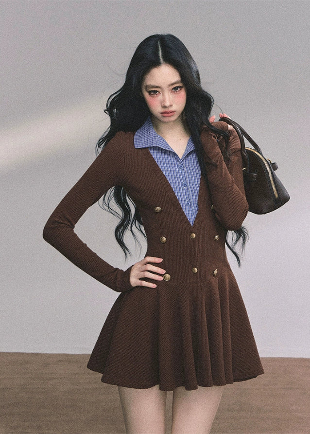 knitted dress women, fake two piece dress, plaid collar mini dress, french style knit dress, autumn winter knitwear, preppy dress women, double button knit dress, korean fashion mini dress, brown knit onepiece, layered collar dress women, elegant fall dress, soft knit mini dress
