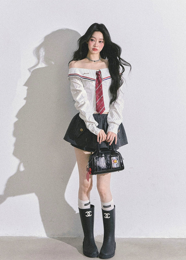 off shoulder striped shirt women, korean style off shoulder top, seoul fashion blouse, long sleeve bardot striped top, cute commuter top women, korean american street style shirt, preppy stripe blouse, autumn slim fit top women, trendy off shoulder blouse, pinstripe bardot top, school girl aesthetic top
