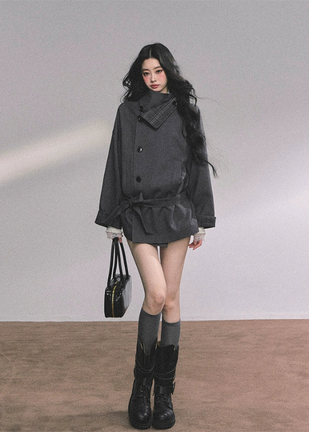 plaid trench coat women, stand collar trench coat, french style coat women, british style blazer coat, oversized autumn coat women, plaid lined jacket, korean fashion coat, loose fit trench coat, fall winter outerwear women, double breasted coat women, chic plaid trim coat, high neck trench jacket
