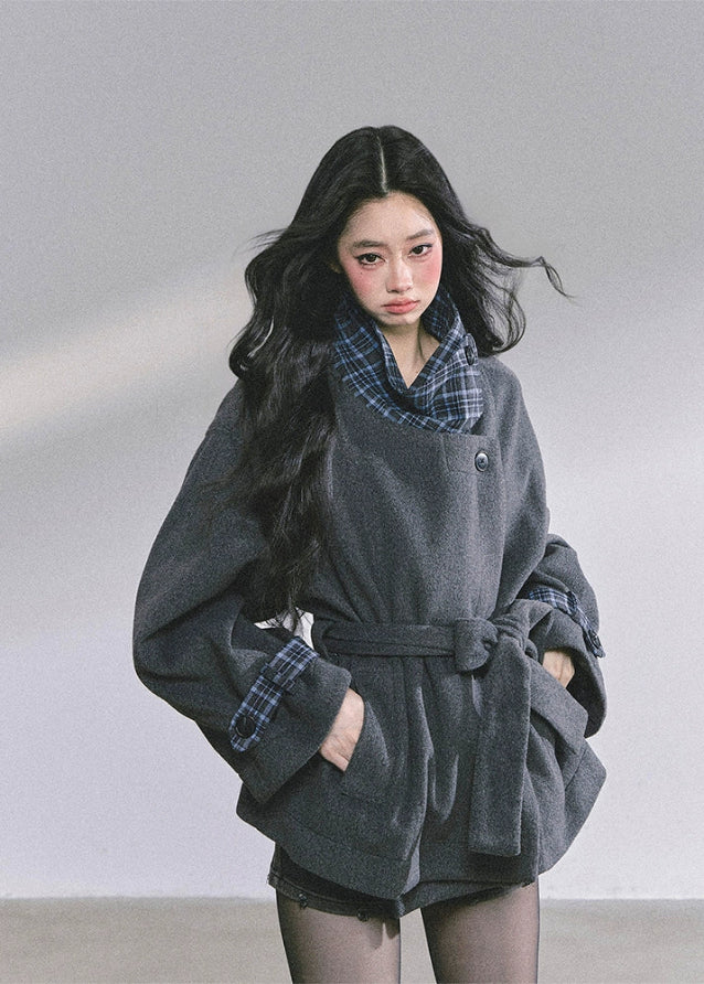 wool belted blazer, plaid collar wool coat, French tweed jacket women, Korean academia jacket, oversized wool top women, fall winter wool blazer, elegant wrap coat women, chic plaid lining jacket, boutique woolen outerwear, Korean fashion blazer, loose slimming wool coat, tweed overcoat women, autumn french style coat, high-end wool jacket women, 2025 fall fashion outerwear
