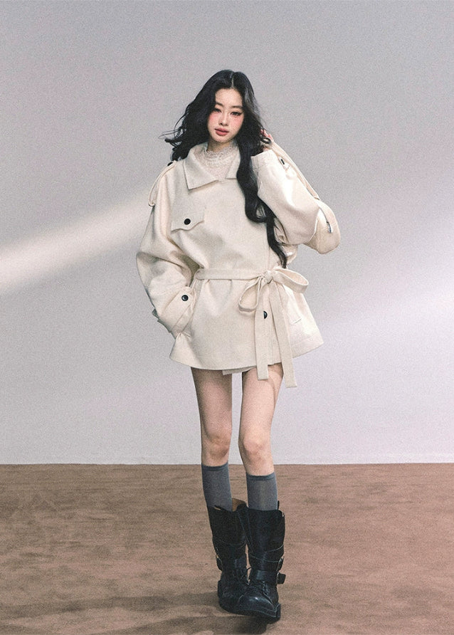 french wool coat women, english style wool jacket, ivory belted winter coat, oversized slimming wool coat, high end woolen coat women, fw25 winter outerwear, loose wool wrap coat, korean ivory wool coat, elegant winter wool jacket
