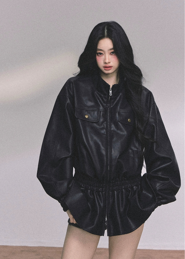 black pu leather jacket women, faux leather moto jacket, stand collar leather jacket, oversized leather jacket women, korean fashion leather jacket, fall winter moto coat, cool wind biker jacket, loose fit pu jacket, trendy black leather top, street style outerwear women
