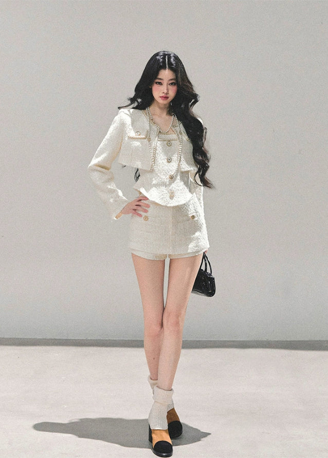 white tweed suit women, three piece tweed set, rich daughter outfit, ivory winter suit, korean tweed jacket set, elegant mini skirt set, pearl button tweed, autumn winter women’s suit, luxury tweed ensemble, fw25 fashion look
