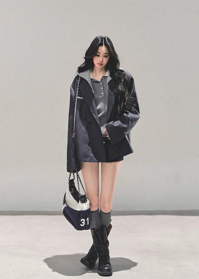 fake two piece blazer women, hooded preppy blazer, minimalist layered jacket, autumn winter preppy coat, oversized silhouette blazer, korean preppy fashion, hooded faux layer top, fw25 womens outerwear, casual campus blazer, layered street jacket
