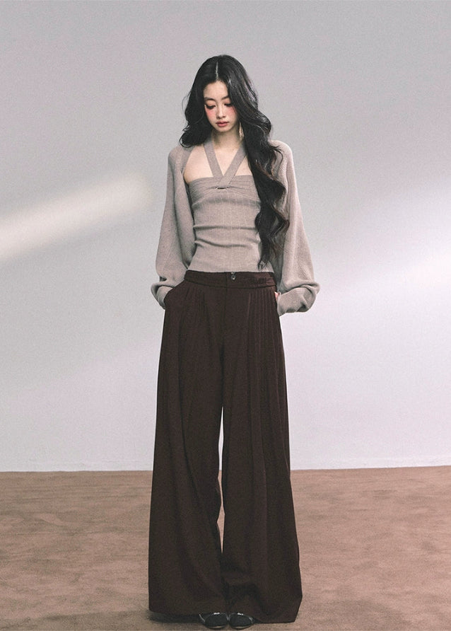 halter knit top set, two piece knit shawl, french style knit shirt, autumn halterneck knit, high end knitwear women, fw25 knit set, ribbed halter top women, layered knit long sleeve, elegant knit two piece outfit
