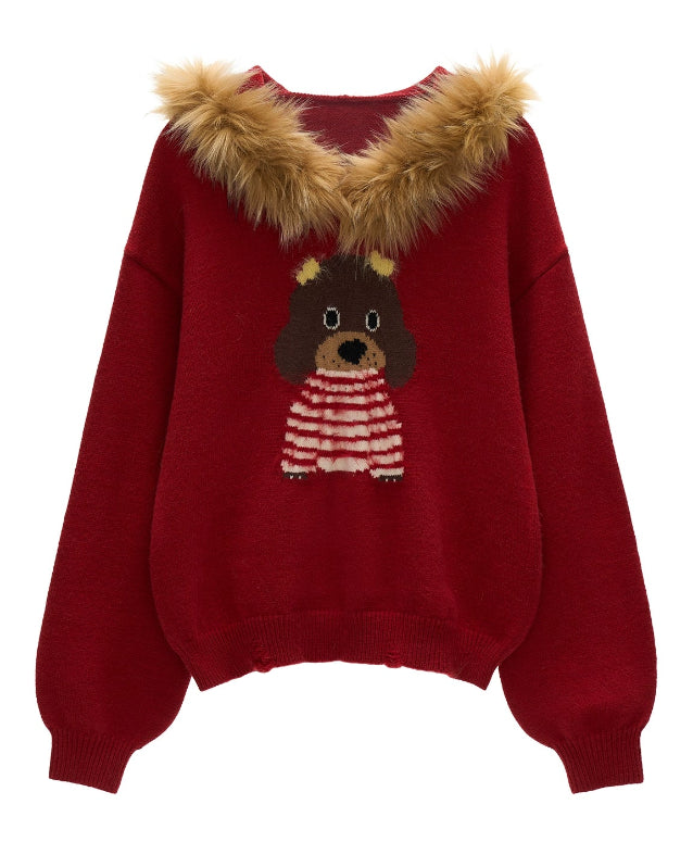 cute dog sweater, fur collar hoodie, winter knit jacket, women loose design top, fluffy hooded sweater, casual street fashion, fw25 collection, cozy fur knit, korean streetwear, tokyo winter outfit
