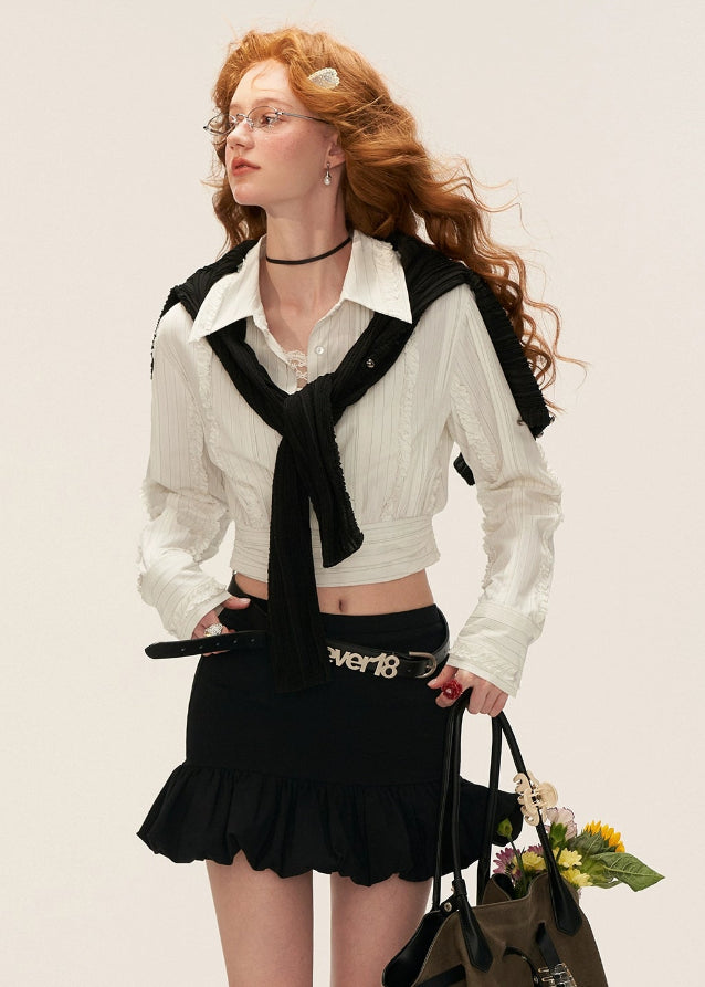 layered waist white shirt women, striped waist crop shirt, fall winter white blouse women, quiet luxury white button up, minimalist layered shirt women, korean chic white shirt outfit, contoured waist blouse, tailored cropped shirt street style, nowa tokyo minimal fashion
