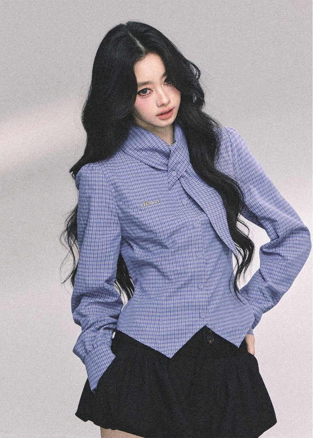 klein blue plaid shirt women, slim fit check blouse, american style plaid top, autumn blue long sleeve shirt, tailored crossover shirt women, fw25 check top, refined plaid blouse, slim plaid shirt, korean fitted check shirt
