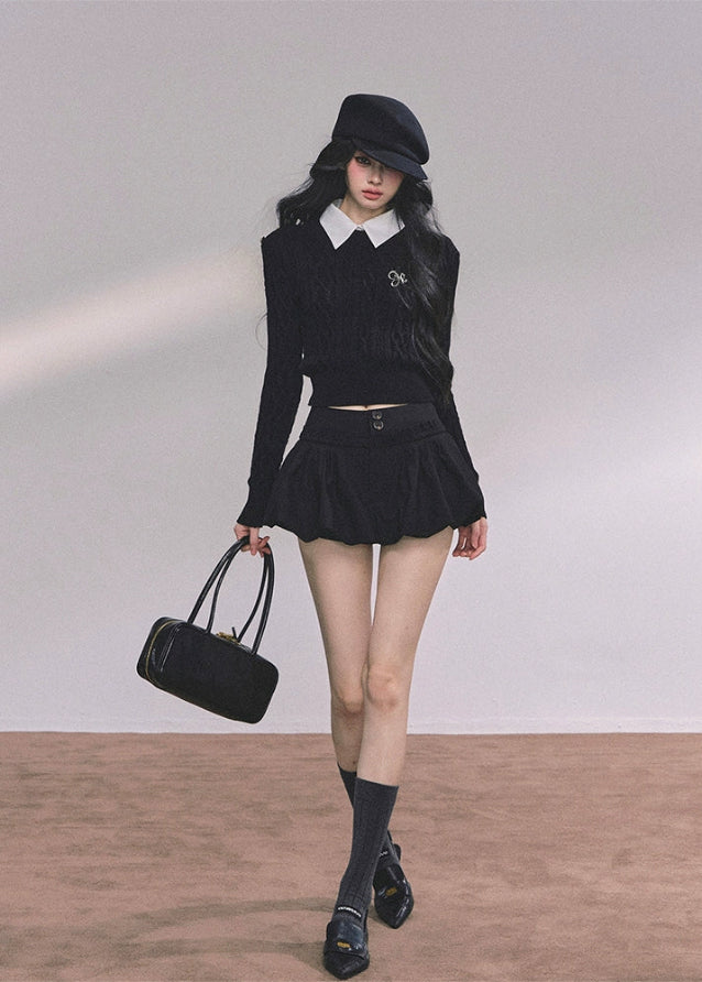 polo knit sweater, faux two piece sweater, cable knit top, slim fit knitwear, Korean style knit top, preppy polo sweater, fall winter knit sweater, layered look sweater, aesthetic knit top, casual polo knit, street style knitwear, French chic knit top, soft knit long sleeve, womens slim sweater, college style knitwear
