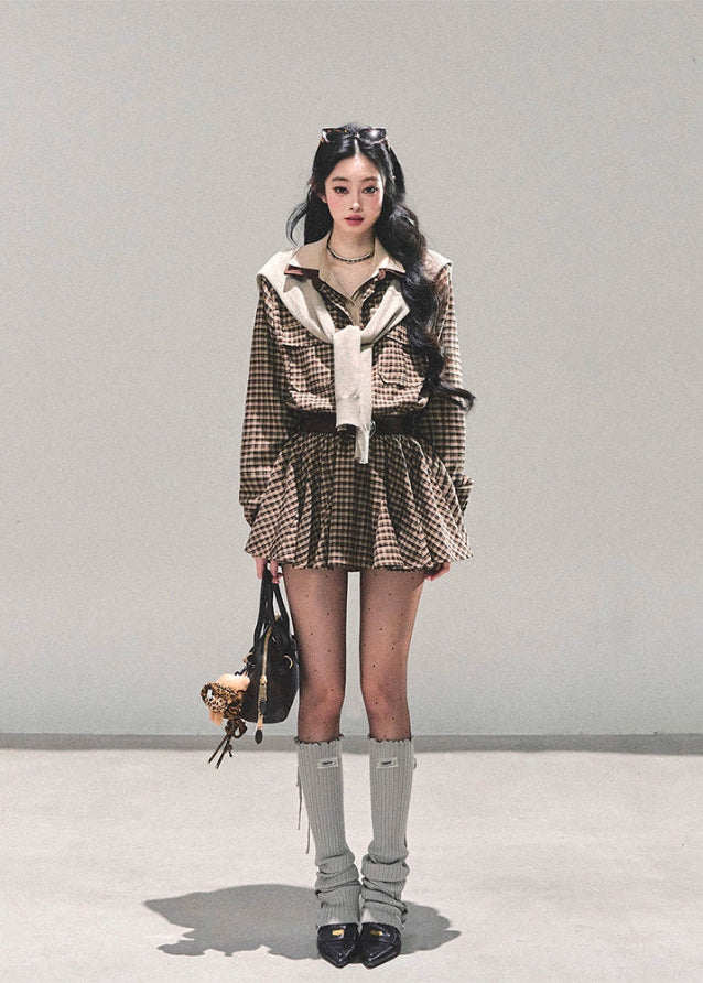 plaid shirt dress women, faux two piece dress, preppy plaid mini dress, american style check dress, winter shirt dress women, pleated plaid mini, brown plaid outfit, fw25 plaid fashion, layered look dress women, korean preppy dress
