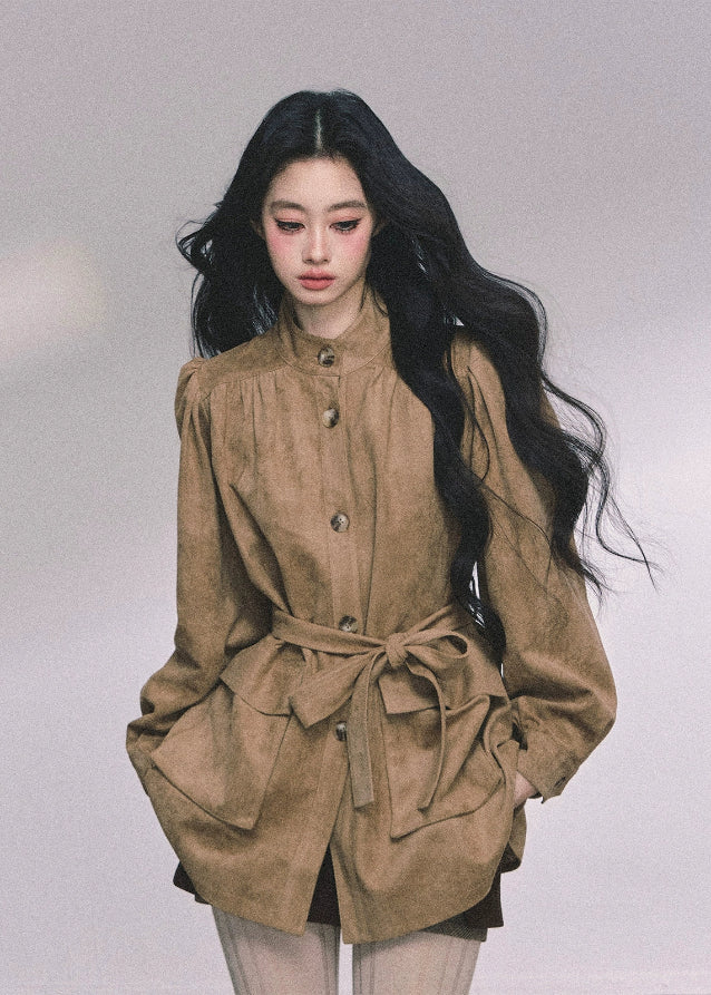 suede jacket women, belted suede coat, stand collar suede top, fall winter suede blazer, korean fashion outerwear, french style jacket, mocha brown jacket, loose suede coat women, trendy suede outfit, soft suede blazer, autumn winter fashion women, korean american street style, chic brown coat women
