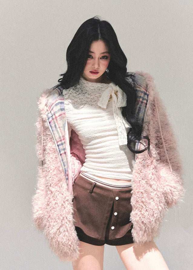 pink lambswool jacket, thickened padded coat women, hooded plush winter jacket, lambcore fluffy coat, korean winter pink jacket, soft girl winter coat, warm padded outerwear women, fw25 plush jacket, hooded lambswool top, pink fluffy winter jacket
