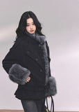 fur trim winter coat women, french luxury padded jacket, plush warm cotton coat, black winter fur jacket, fw25 warm outerwear, double breasted plush coat, korean winter padded jacket women, elegant fur trim jacket, late autumn warm coat
