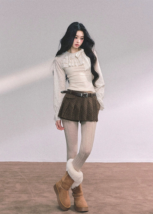 lace ruffle knit top women, fake two piece french shirt, autumn white lace blouse, slimming long sleeve knit, moonlight lace top, fw25 french knitwear, frill front knit shirt, ivory lace sleeve top, elegant ruffle knit women
