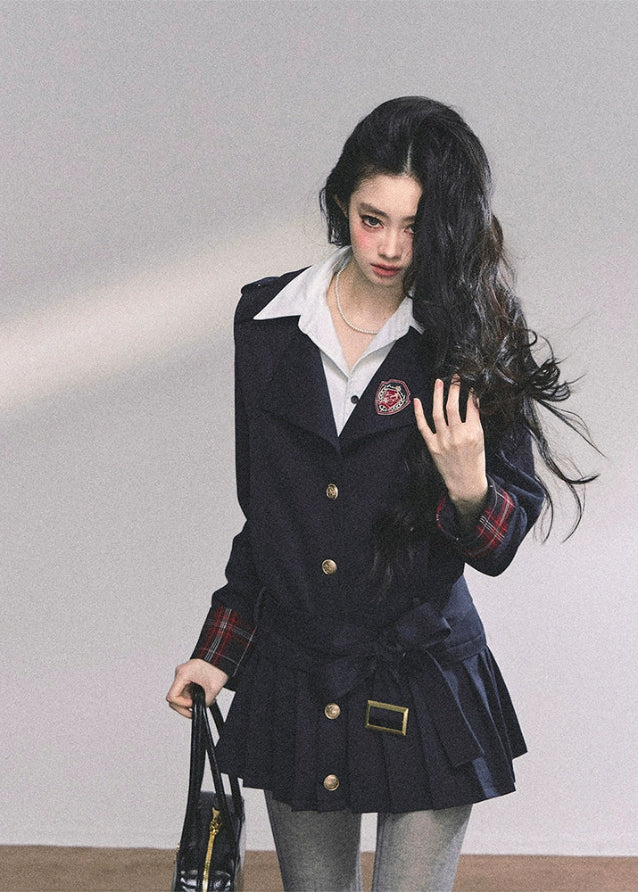 preppy college dress women, ivy league pleated dress, fake two piece campus dress, american prep dress, autumn pleated mini dress, academia style dress, fw25 preppy outfit, slim fit school style dress, plaid cuff college dress
