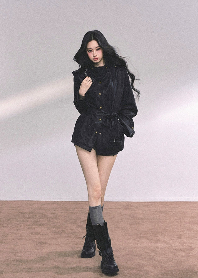 pu leather jacket women, british style moto coat, belted faux leather jacket, autumn winter leather top, cool wind motorcycle jacket, black brown pu jacket, fw25 street outerwear, loose fit leather jacket women, military button pu coat
