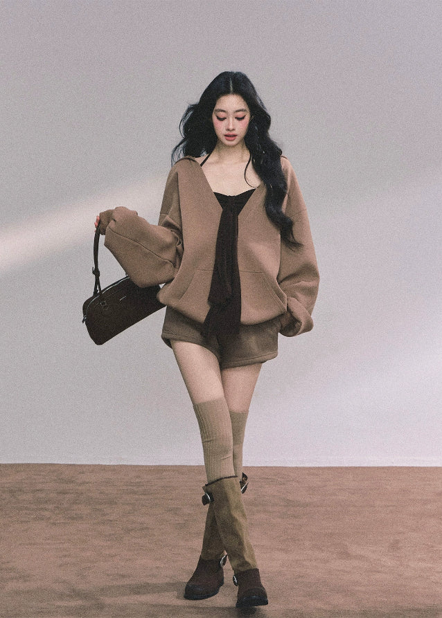 korean fashion, hoodie set, 3 piece outfit, fall outfit, autumn outfit, women’s casual set, oversized hoodie, layered outfit, korean streetwear, matching set, hoodie and shorts set, vest outfit, cute casual outfit, soft girl outfit, preppy outfit, comfy outfit, aesthetic outfit, brown hoodie, fall fashion women, trendy korean clothes, nom alm style, nowa tokyo, casual loungewear, cozy outfit, oversized sweatshirt, autumn clothing set, 2025 fashion
