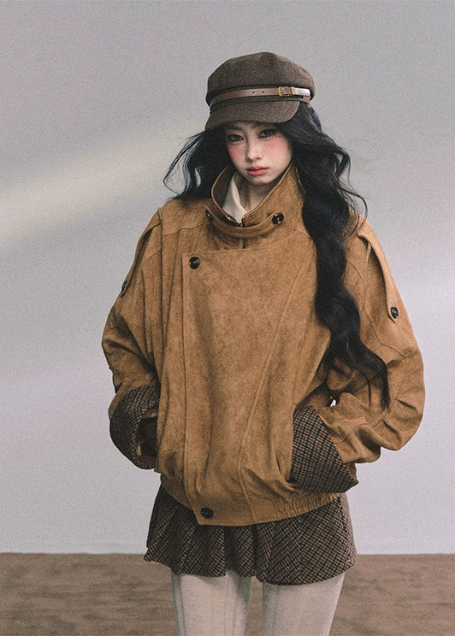 suede two piece set, suede jacket skirt set, warm suede jacket women, fur collar suede coat, hepburn style outfit, french suede outfit, autumn winter suede set, pleated skirt set women, korean fashion suede jacket, brown suede coat women, cozy winter two piece outfit, nom alm style set, vintage suede jacket outfit, warm plush collar jacket, high end suede fashion
