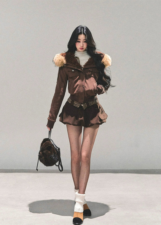 lambswool hooded jacket women, british style winter coat, ivory fur hood jacket, brown plush winter jacket, edelweiss fur coat, warm long sleeve winter top, korean winter hooded coat, fw25 plush jacket, lambcore hooded coat women
