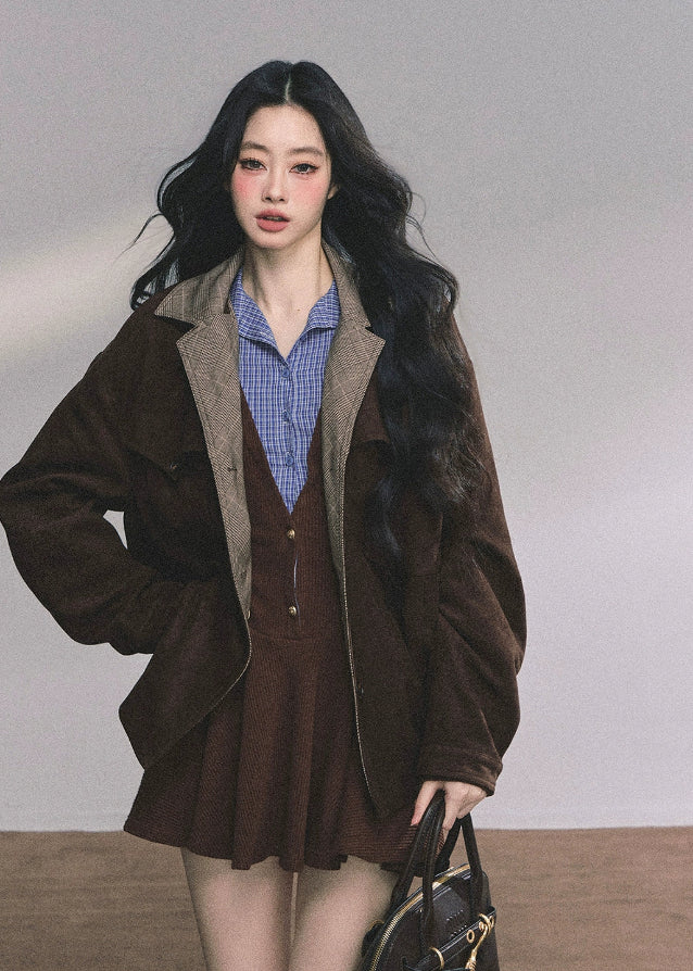 knitted dress women, fake two piece dress, plaid collar mini dress, french style knit dress, autumn winter knitwear, preppy dress women, double button knit dress, korean fashion mini dress, brown knit onepiece, layered collar dress women, elegant fall dress, soft knit mini dress
