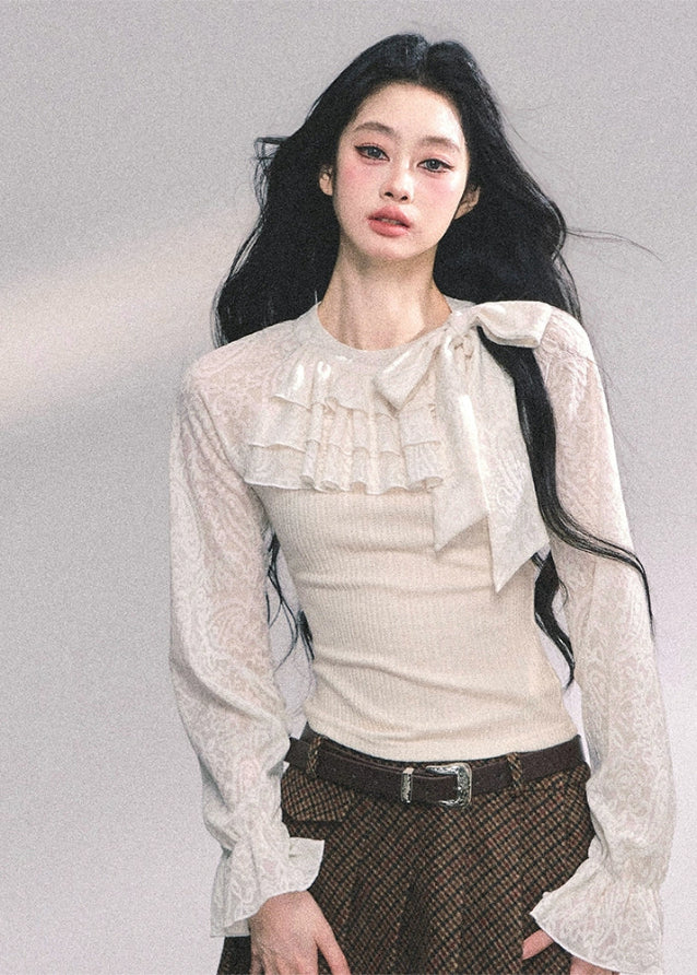 lace ruffle knit top women, fake two piece french shirt, autumn white lace blouse, slimming long sleeve knit, moonlight lace top, fw25 french knitwear, frill front knit shirt, ivory lace sleeve top, elegant ruffle knit women
