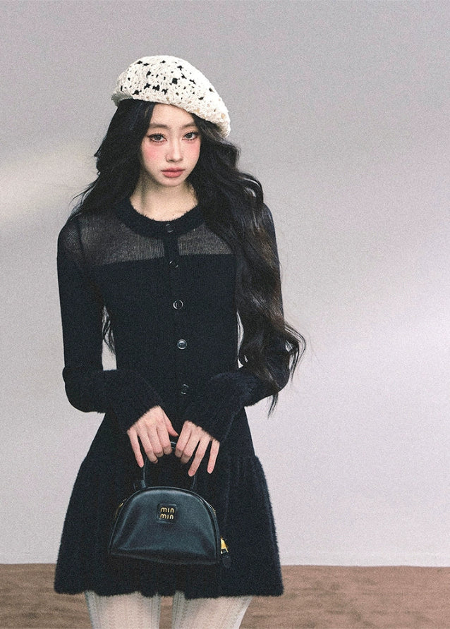 french knit dress women, sheer yoke sweater dress, autumn black knit mini, slimming waist knit dress, sexy knitted dress women, fw25 sweater dress, long sleeve knit skirt, noir knit mini dress, elegant french style dress
