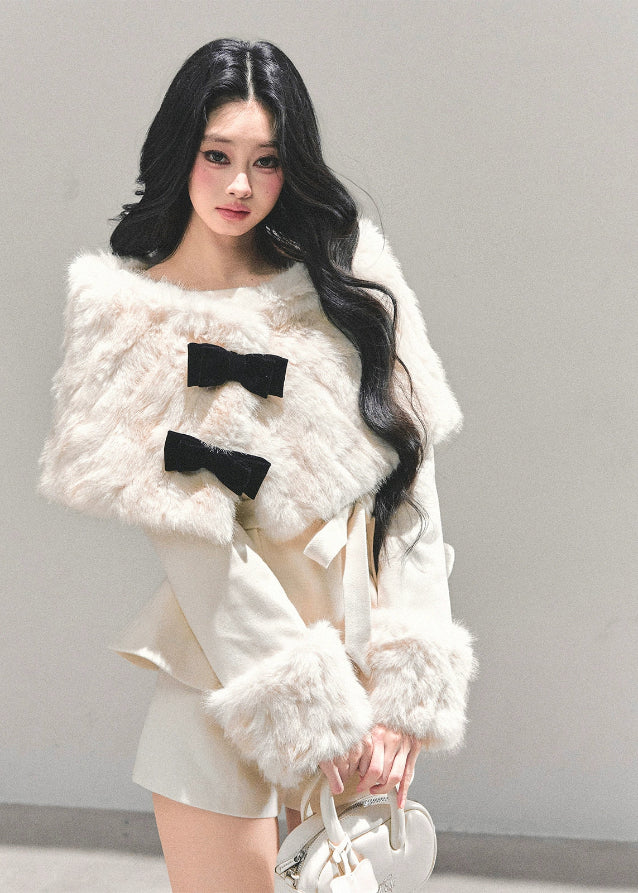 winter three piece set, fur cloak suit women, luxury holiday outfit, bow coat winter, white fur trim set, christmas light luxury clothing, winter shorts set, korean winter fashion suit, elegant fur cape outfit, fw25 womens coat set
