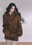 suede jacket set, suede two piece outfit, brown suede coat women, korean fashion suede set, fall winter suede suit, belted suede jacket, luxury suede co ord, trendy korean two piece outfit, soft suede autumn set, street style suede look, elegant suede jacket and shorts, boutique suede outfit women, suede utility jacket set, women's suede matching set
