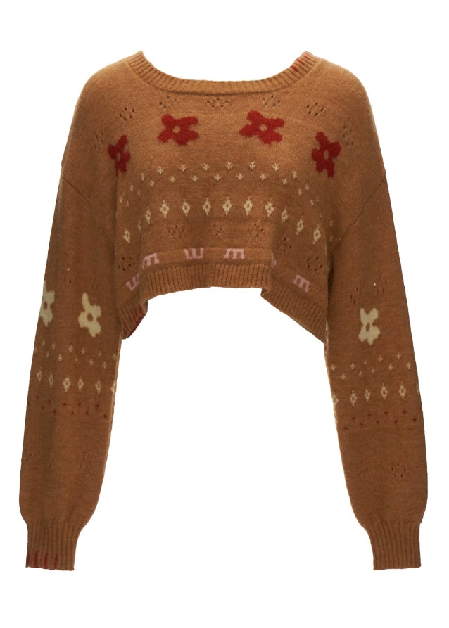 star flower knit sweater, jacquard crop sweater women, cute crew neck knit top, fall winter 2025 knitwear women, lazy style cropped sweater, korean cute knit fashion, loose jacquard sweater outfit, cozy streetwear sweater women, nowa tokyo soft street style
