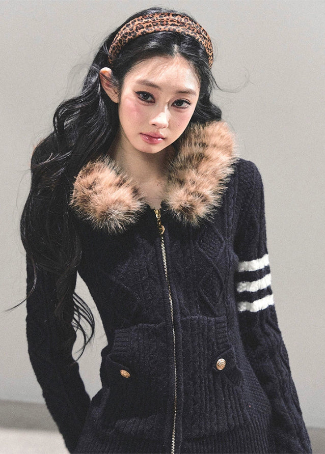fur hood knit cardigan, black winter knit coat, twist sleeve knit top, hooded zip cardigan women, korean winter knit jacket, faux fur trim knitwear, long sleeve warm knit coat, fw25 street fashion knit, winter hooded sweater women

