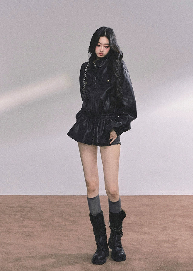 black pu leather jacket women, faux leather moto jacket, stand collar leather jacket, oversized leather jacket women, korean fashion leather jacket, fall winter moto coat, cool wind biker jacket, loose fit pu jacket, trendy black leather top, street style outerwear women
