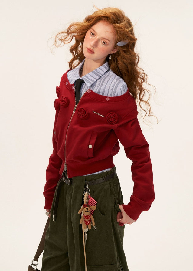 slanted shoulder fur collar jacket women, double zipper cropped jacket, detachable fur short coat, floral cropped winter jacket, fw2025 luxury streetwear women, asymmetric zip jacket fashion, korean high end cropped outerwear, elegant street fashion top women, nowa tokyo premium winter jacket
