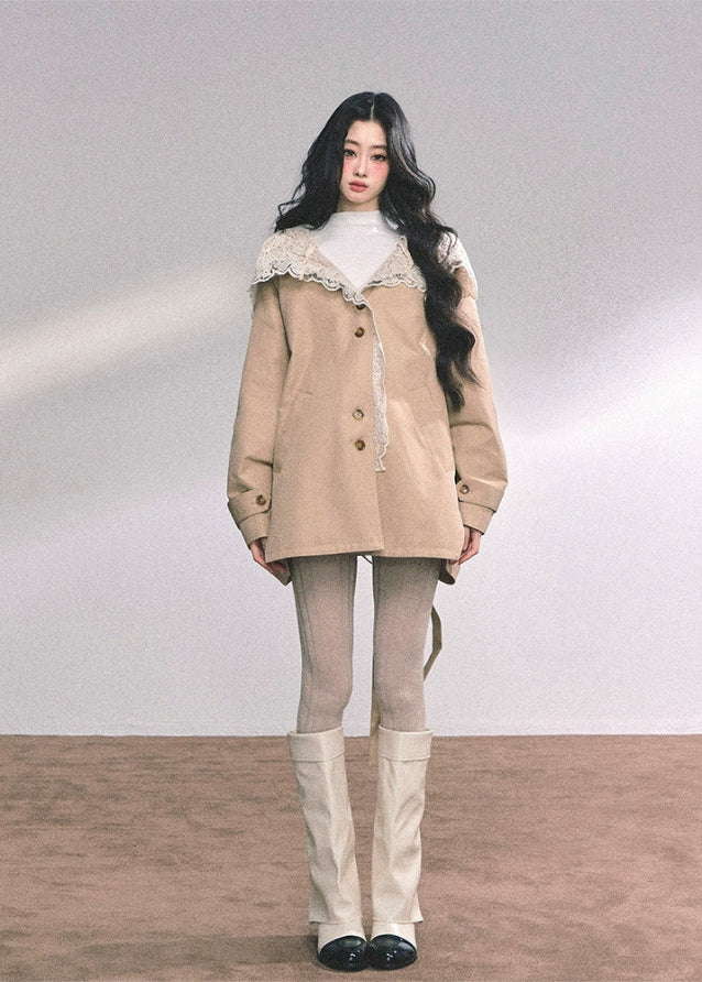 lace trench coat women, french lace hood coat, winter beige trench, loose slimming coat women, fw25 lace collar jacket, korean lace trench coat, winter lace outerwear, romantic hooded coat women, beige winter trench
