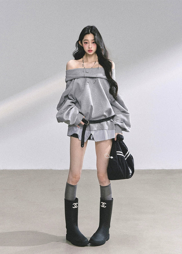 grey off shoulder dress, oversized sweatshirt dress, one shoulder sweat dress, autumn winter street dress, grey mini sweatshirt, american style sweater dress, fw25 oversized dress, korean street fashion dress, grey off shoulder top dress
