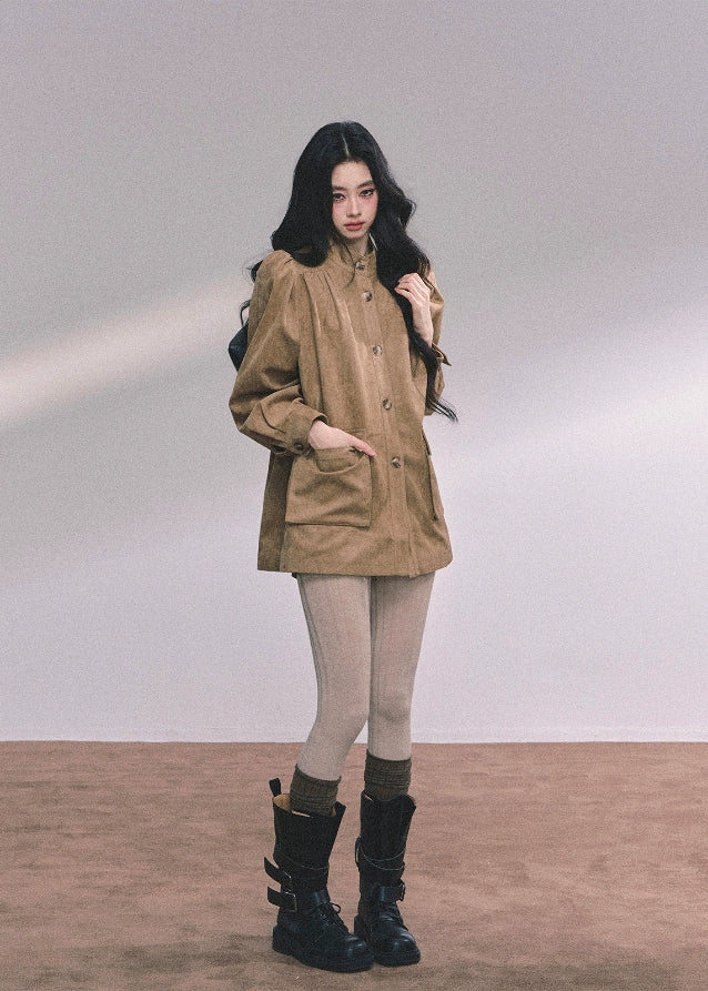 suede jacket women, belted suede coat, stand collar suede top, fall winter suede blazer, korean fashion outerwear, french style jacket, mocha brown jacket, loose suede coat women, trendy suede outfit, soft suede blazer, autumn winter fashion women, korean american street style, chic brown coat women
