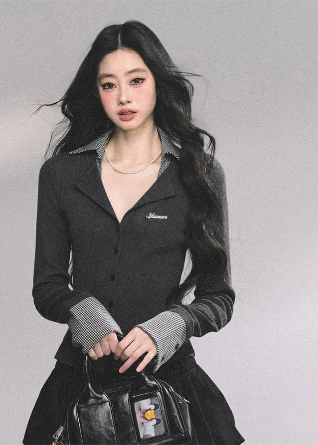 fake two knit top women, plaid collar knit shirt, contrast knit blouse, slim waist knit top, autumn long sleeve knit, schoolgirl plaid top, preppy knit shirt women, fw25 plaid knit
