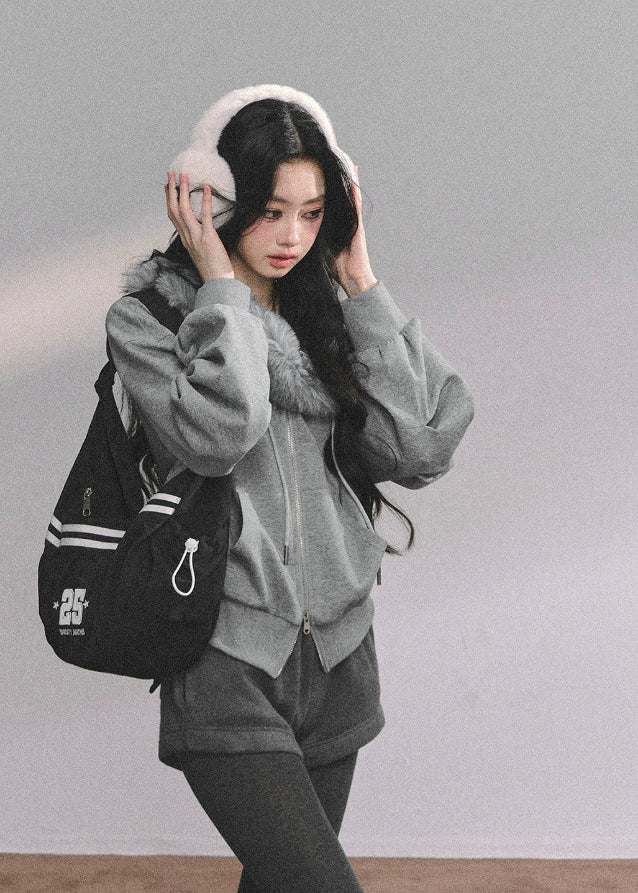 fur trim sweatshirt set, off shoulder hoodie set, winter two piece outfit, faux fur collar hoodie, Korean fashion sweat set, winter streetwear women, cozy fur hoodie, trendy winter shorts set, American college style outfit, Nordic winter fashion, warm casual two piece, stylish winter loungewear, cute fur trim top, off shoulder winter sweater, womens winter sporty set
