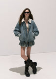 Denim Padded Jacket Set  Crochet Collar & Skirt