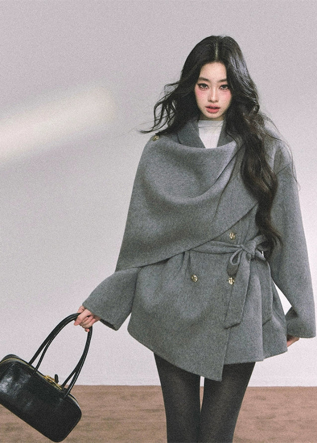reversible wool coat women, french style wool jacket, draped shawl wool coat, winter warm woolen coat, grey wrap wool coat, loose wool jacket autumn winter, fw25 wool outerwear, double sided wool coat, elegant winter coat women
