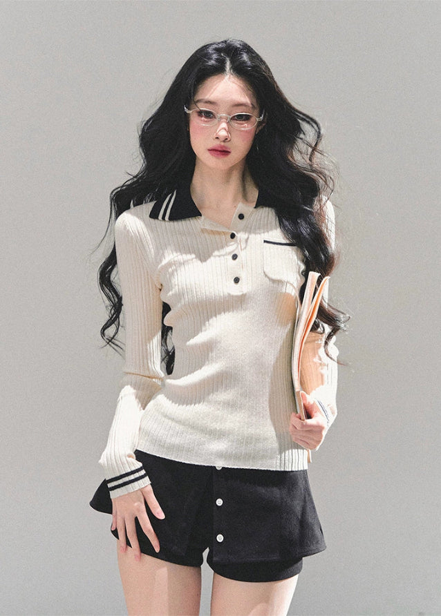 polo knit top women, ribbed long sleeve polo, slim fit knitted t-shirt, autumn winter polo top, american style knit tee, contrast collar knit top, wendy letter knit, fw25 ribbed top, preppy polo shirt women, korean slim knitwear
