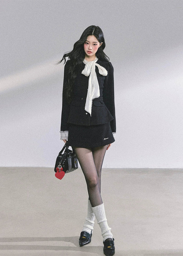 lace tie dress set, two piece suit dress women, French elegant outfit, bow tie mini dress, lace cuff blazer dress, Korean fashion set, rich girl outfit, classy black dress set, fall fashion women, luxury two piece set, chic blazer dress, mini skirt suit set, feminine lace trim outfit, Korean American style, elegant autumn outfit, designer inspired dress set, boutique fashion dress, 2025 women's fall outfits
