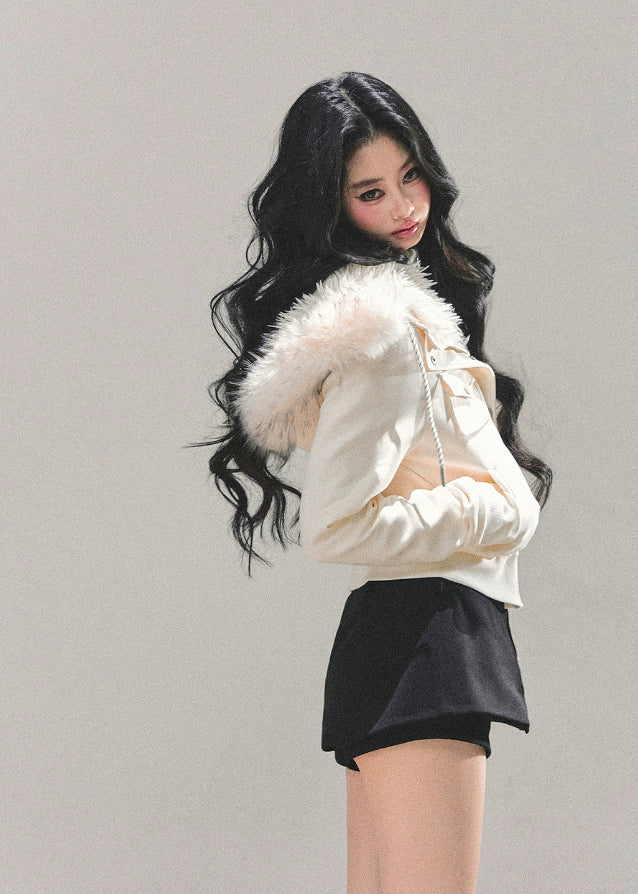 lambswool hooded jacket women, british style winter coat, ivory fur hood jacket, brown plush winter jacket, edelweiss fur coat, warm long sleeve winter top, korean winter hooded coat, fw25 plush jacket, lambcore hooded coat women
