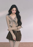 plaid bow knit top, fake two piece top women, preppy style knit shirt, french bow sweater, korean fashion knitwear, autumn slim knit top, check ribbon long sleeve, layered look knit top, cute bow top women, elegant knit blouse, fall winter knit top
