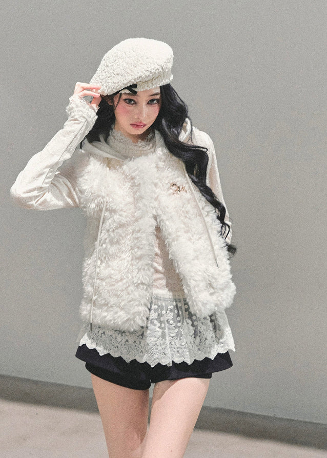 lambswool vest women, french style fur vest, winter plush gilet, ivory lamb core vest, warm sleeveless winter top, korean winter vest women, fluffy lambswool jacket, fw25 plush vest, soft girl winter outfit, white fur vest women

