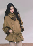 plaid trench coat women, stand collar trench coat, french style coat women, british style blazer coat, oversized autumn coat women, plaid lined jacket, korean fashion coat, loose fit trench coat, fall winter outerwear women, double breasted coat women, chic plaid trim coat, high neck trench jacket
